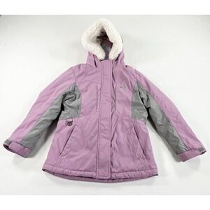 Gerry Faux Fur Hooded Ski Snow Winter Jacket Coat Warm Pink Gray Girl's M 10-12